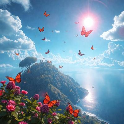 Primary subject: A beautiful scene of a hillside filled with flowers and butterflies flying around.

Setting/background: The hillside is surrounded by a blue ocean, creating a serene and picturesque environment.

Visual style: The image is a digital artwork, showcasing the vibrant colors and intricate details of the flowers and butterflies.

Colors and mood: The dominant colors in the image are pink, blue, and yellow, creating a warm and inviting atmosphere